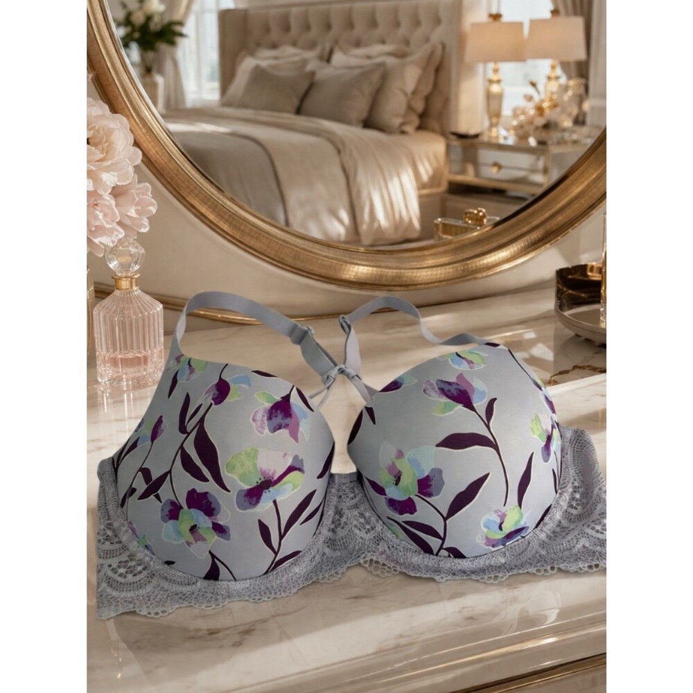 Auden 38DD Padded Push Up Bra Floral Lace Gray Multi Racerback Convertible